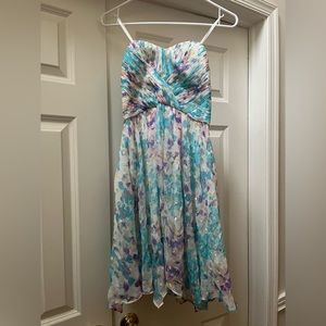 2010s Chiffon Watercolor Mini Dress with Gathered Bodice